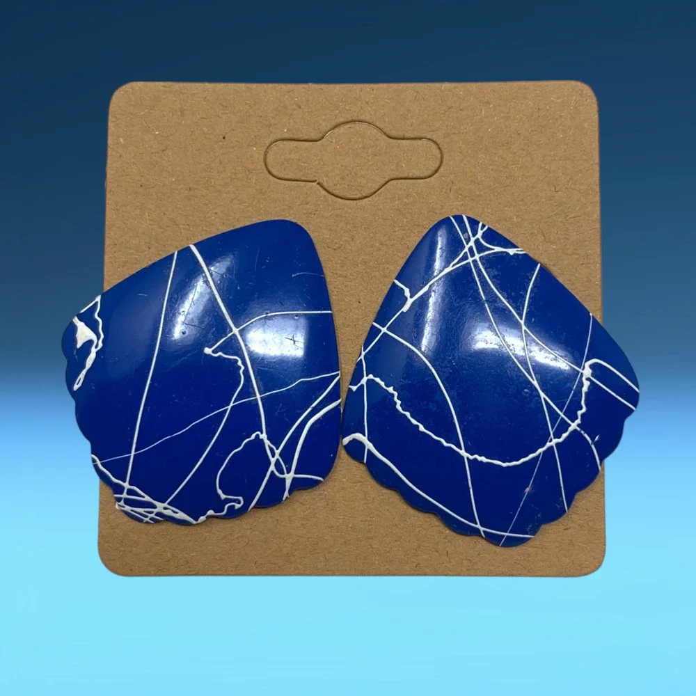Vintage 1980's Trapezoid Blue Paint Spatter Earrings Pierced Carded New Wave